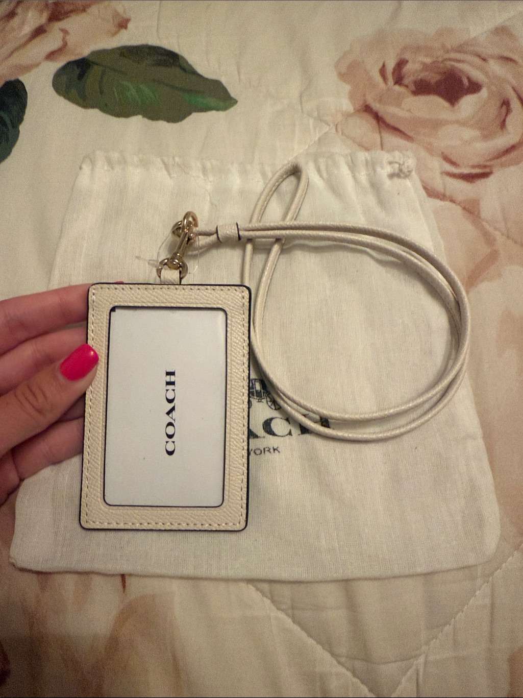 Coach Cream Leather Id Card Holder With Lanyard